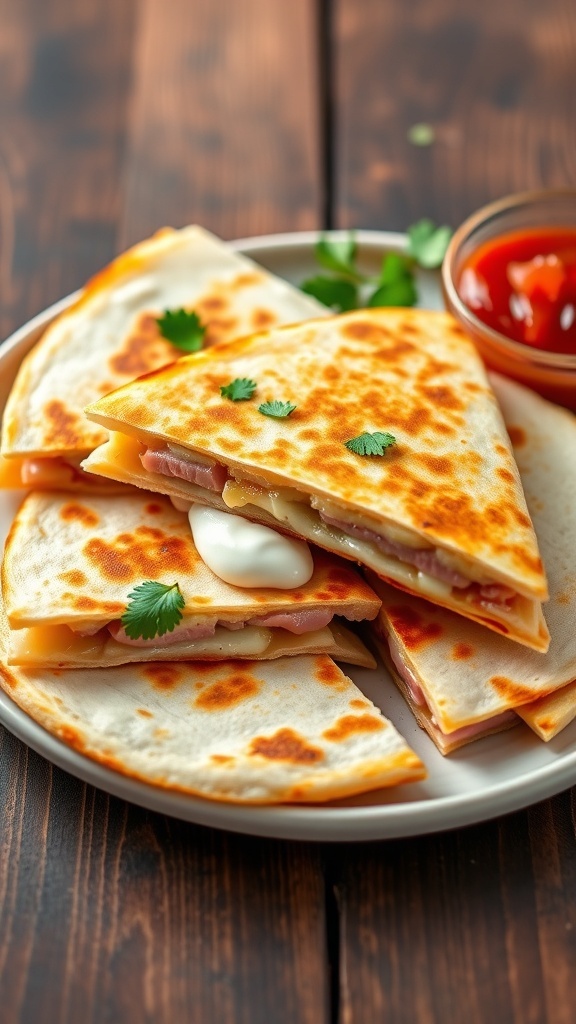 Ham and cheese quesadilla cut into wedges, garnished with cilantro, served with salsa and sour cream on a wooden table.